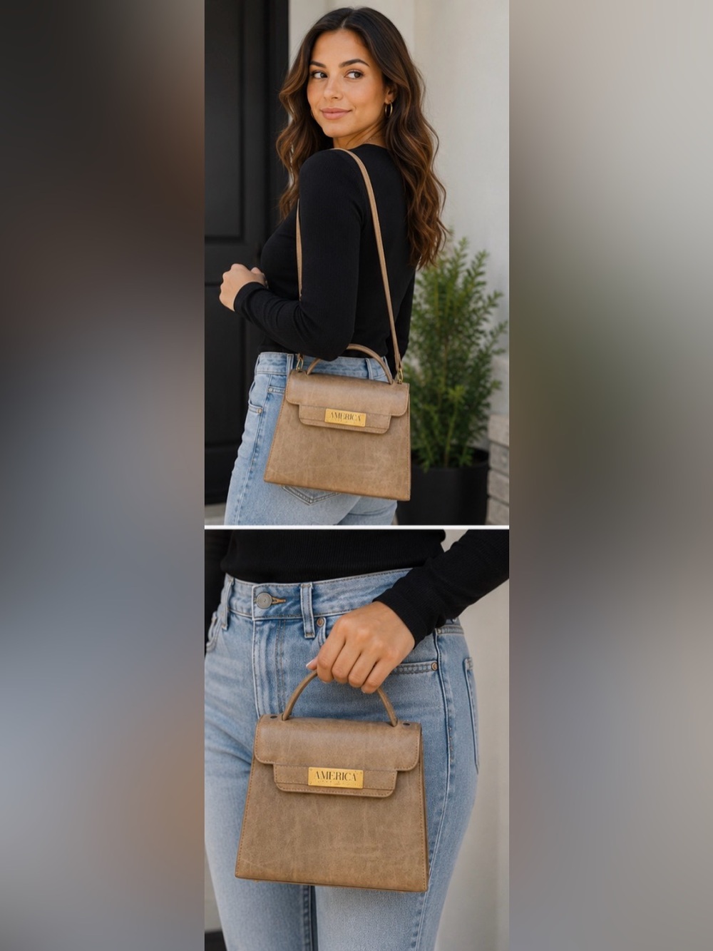 Perry Ellis America- Vintage Taupe Top Handle Crossbody Satchel – Made in Korea